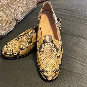 J. Crew Tan and Black Snake-Print Loafers